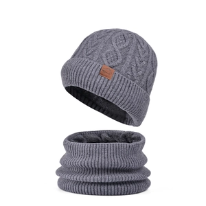 Men's winter dark grey knitted beanie and neck warmer set with warm fleece lining