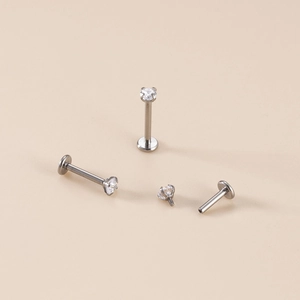 G23 titanium internal thread labret studs with clear cubic zirconia in silver finish