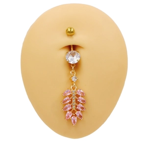 Pink marquise zircon heart belly button ring in gold plating for women piercing