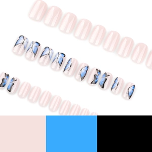 Nude pink press on nails with butterfly designs and pearlescent finish in medium square shape