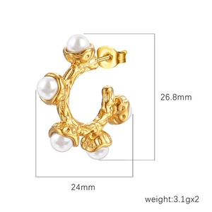 18K gold stainless steel pearl earrings dimensions 26.8mm by 24mm on white background