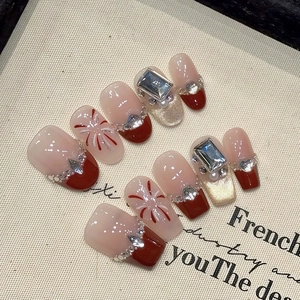 Faux Ongles Faits Main Rouge Vin French Tip Strass Künstliche Perle Paillettes Motif Feu d'artifice Ongles Artificiels