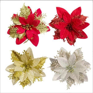 Glittered artificial poinsettia flowers for Christmas tree decoration in four colors