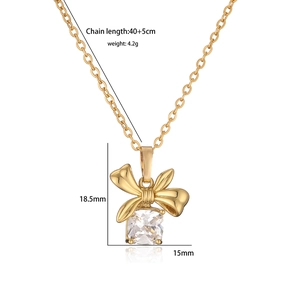 Elegant gold bowknot pendant necklace with square cubic zirconia and dimension details