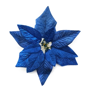 Fleur de poinsettia artificielle bleue avec paillettes pour décoration de sapin