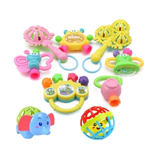 Detail of 9-piece baby rattle and teether set in multi-colored plastic for sensory play