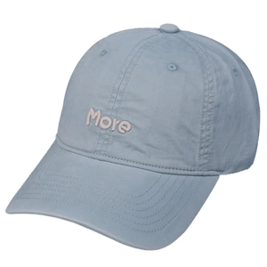 Washed blue cotton baseball cap with pink More embroidery and a curved brim