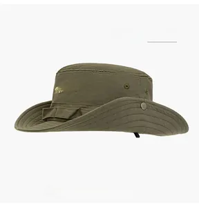 Detail of army green cotton sun hat with OUTDOORS embroidery and side metal snap buttons