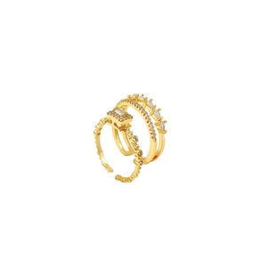 Elegant multi-layer gold plated ring set with sparkling zirconia and adjustable open band