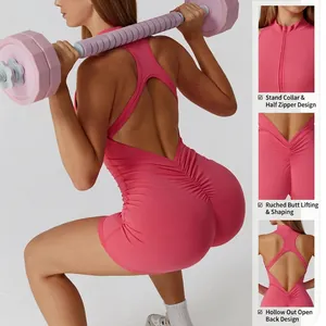 Pink high-stretch sports jumpsuit featuring open back and scrunch butt design