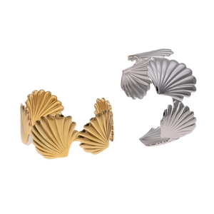 Modern adjustable scallop shell open cuff bracelet in polished gold and silver finish
