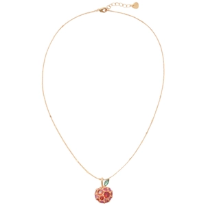 14k gold plated apple pendant necklace with red cubic zirconia and green leaf detail