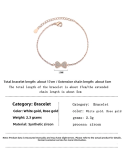 Detailed specs of zircon bow bracelet in silver and rose gold finishes with 17cm length
