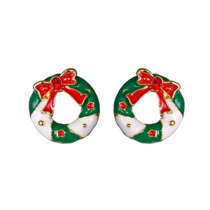 Christmas wreath stud earrings with red bow and rhinestone crystals in gold finish