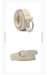 Detail of beige braided wax rope belt with silver D-ring buckle and faux leather finish