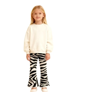 Pantalon Évasé Pour Petites Filles Imprimé Zèbre Côtelé En Coton Tricoté Patte D'Éléphant Bordure Ondulée Taille Élastique