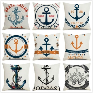 Set of 9 nautical style cushion covers featuring anchor and sailor prints on linen fabric