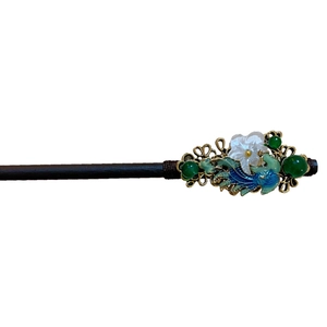Chinese style hair stick with blue phoenix, green beads and tassel on white background
