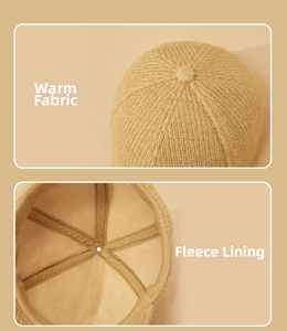 Close-up of warm knitted khaki fabric and thickened fleece lining of the winter hat