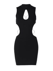 Sexy black backless cutout mini dress with butterfly metal ring details and bodycon fit