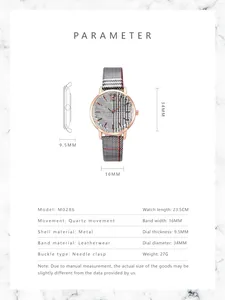 Detailed technical specifications and size guide for British style plaid quartz watch