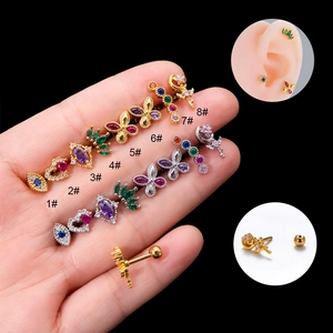 Orecchini Cartilagine Zircone Cuore Farfalla Luna Barra Acciaio Inossidabile Rame Chiusura A Vite Piercing Gioielli Donna