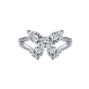 Detailed view of silver butterfly ring featuring marquise-cut sparkling zircons