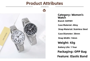Detail view of 38mm ladies quartz watch with elastic band and technical specifications