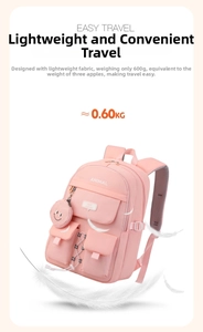 Pink multi-pocket school backpack with lightweight 600g fabric and heart pendant