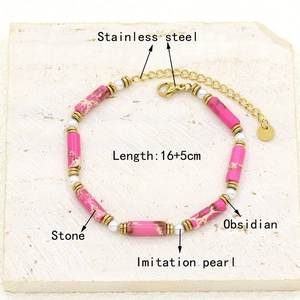 Detail of pink stone and pearl bracelet with 16+5cm stainless steel gold chain