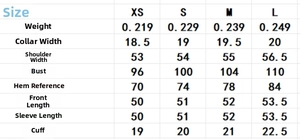 Detailed size chart with XS-L measurements for the lapel collar cropped shirt