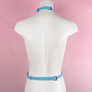 Detail of light blue leather harness set with adjustable metal buckles for adults