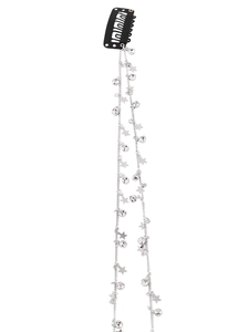 Silver star tassel hair clip with dangling chains and clear beads on white background