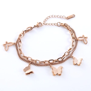 Rose gold double layer stainless steel bracelet with matte and hollow butterfly charms