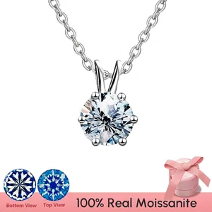 Classic six-prong moissanite necklace in S925 sterling silver with a pink gift box