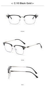 Three-view detail of semi-rimless glasses featuring cross accents and black-gold frame