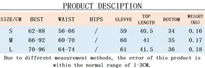 Size chart showing bust, waist, and length measurements for the two-piece knit sweater set