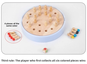 Detail of wooden memory chess game showing colorful peg bases and round playing board
