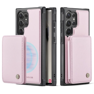 Pink magnetic leather case for Samsung S24 Ultra with detachable wallet and black frame