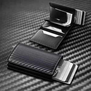 Men RFID Blocking Pop Up Card Holder Wallet Slim Minimalist Carbon Fiber Texture PU Leather Aluminum Case