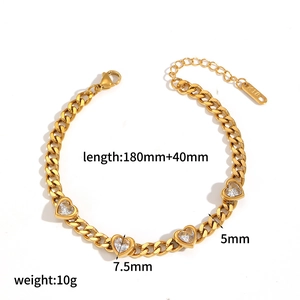 Bracelet de tennis cœur en acier inoxydable plaqué or 18k avec zircons étincelants