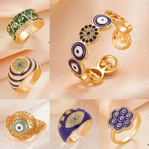 Evil Eye Enamel Open Ring For Women 18K Gold Plated Heart Eye Drip Oil Inlaid Rhinestone Adjustable Punk Finger Ring Jewelry
