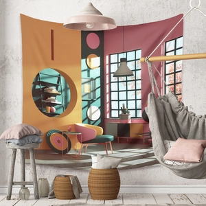 Modern abstract wall tapestry displayed in a cozy interior scene with colorful patterns