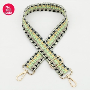 Detail showing adjustable colorful woven bag strap with golden metal swivel hooks