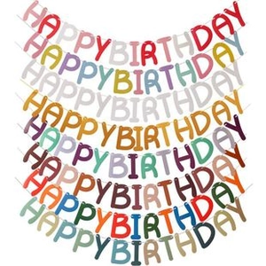 Detailed overhead view of multiple colorful Happy Birthday hanging paper banners for parties
