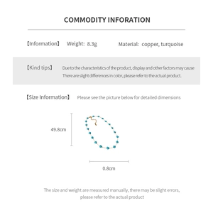 Detailed spec sheet showing turquoise necklace weight 8.3g, material copper, and 49.8cm length