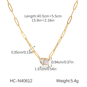 Detail view of 18k gold stainless steel necklace with size measurements and zircon pendant