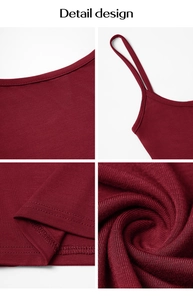 Close-up of wine red Y2K knit camisole showing shoulder straps and double stitching detail