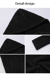 Nahaufnahme des schwarzen Fleece-Hoodies mit Kapuze, Ärmelbündchen, Taschen und Knöpfen