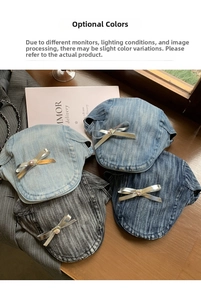 Detail of denim newsboy caps in four washes with silver bow and pink crystal accents